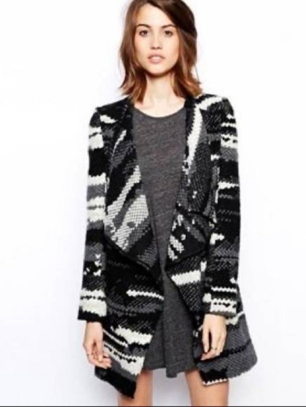 GUEST EDITOR Open Front Wool Jacket Cardigan Black Gray Aztec Southwestern Small
